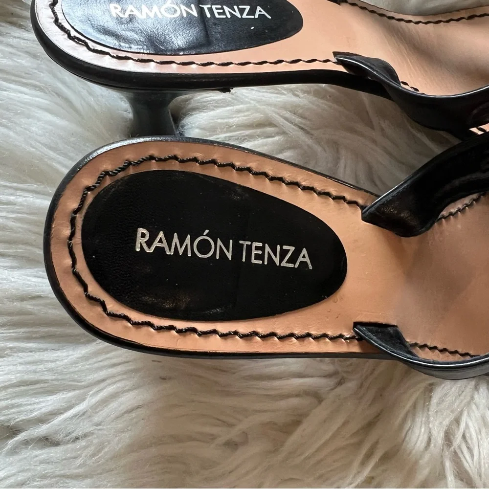 Ramon Tenza Black Leather Jeweled Lucretia Thong Heeled Sandals Size 9 M NEW - Picture 3 of 7